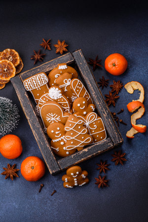 Beautiful festive Christmas composition of tangerines, gingerbread and star anise on a dark textured...