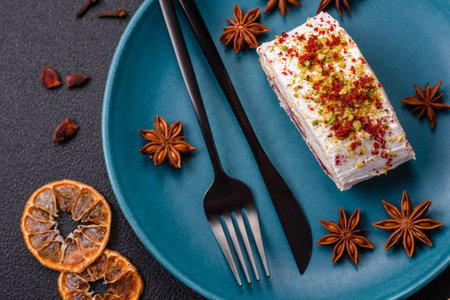 A piece of delicious sweet meringue roll with mascarpone cheese, berries and almonds on a dark concrete backgroundの写真素材