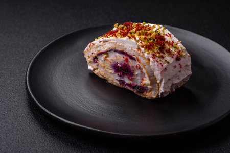 A piece of delicious sweet meringue roll with mascarpone cheese, berries and almonds on a dark...