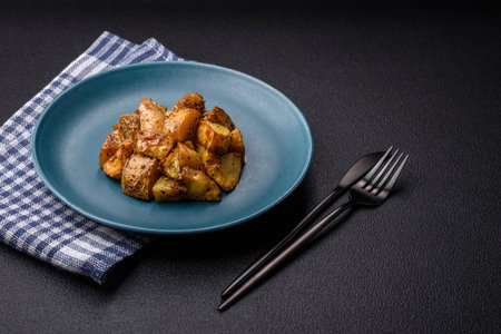 Delicious crispy fried potato wedges with salt, spices and herbs on a dark concrete backgroundの写真素材