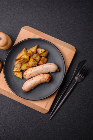 Delicious grilled chicken or pork sausages with salt, spices and herbs on a dark concrete backgroundの写真素材