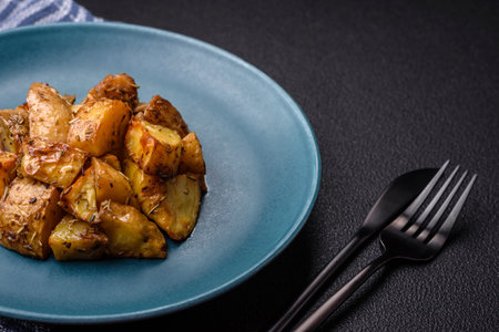 Delicious crispy fried potato wedges with salt, spices and herbs on a dark concrete backgroundの写真素材
