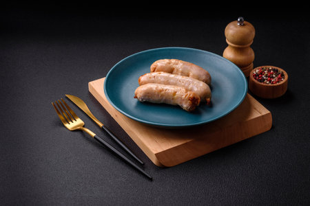 Delicious grilled chicken or pork sausages with salt, spices and herbs on a dark concrete backgroundの写真素材