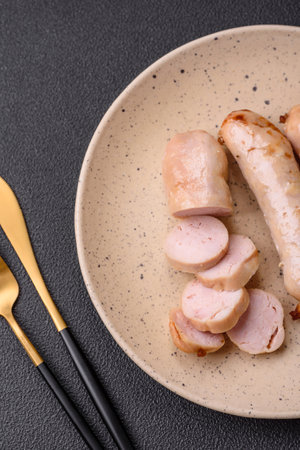 Delicious grilled chicken or pork sausages with salt, spices and herbs on a dark concrete backgroundの写真素材