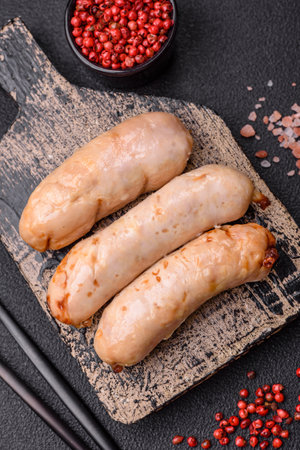 Delicious grilled chicken or pork sausages with salt, spices and herbs on a dark concrete backgroundの写真素材