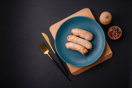 Delicious grilled chicken or pork sausages with salt, spices and herbs on a dark concrete backgroundの写真素材