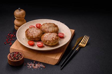 Delicious fresh fried minced fish cutlets with spices and herbs on a dark concrete backgroundの写真素材
