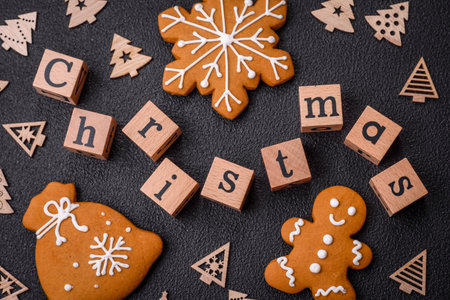 Beautiful Christmas composition with copy space with an inscription in wooden cubes on a black...