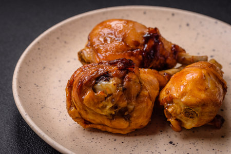 Delicious Asian dish with chicken legs in teriyaki sauce with salt and spices on a dark concrete backgroundの写真素材