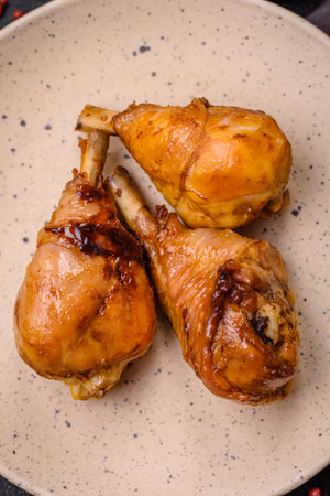 Delicious Asian dish with chicken legs in teriyaki sauce with salt and spices on a dark concrete backgroundの写真素材