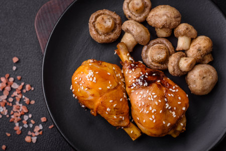 Delicious Asian dish with chicken legs in teriyaki sauce with salt and spices on a dark concrete backgroundの写真素材