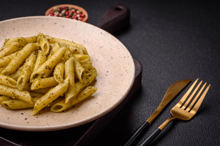 Delicious fresh pasta penne with green pesto sauce with basil, salt and spices on a dark concrete backgroundの写真素材