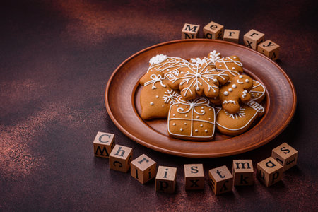 Beautiful delicious sweet winter Christmas gingerbread cookies on a bronze textured background. Preparing for a family holidayの写真素材