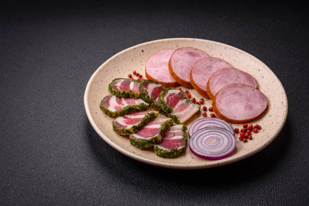 Delicious smoked sausage with salt and spices cut into slices on a dark concrete backgroundの写真素材