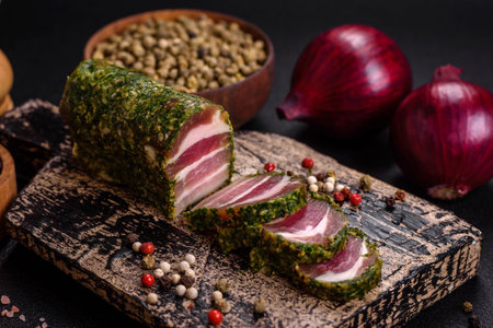 Delicious fresh bacon stripes with spices and salt on a dark concrete backgroundの写真素材