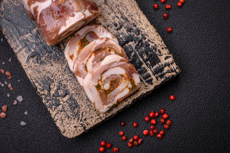 Delicious meatloaf with lard, salt, spices and herbs cut into slices on a dark concrete backgroundの写真素材