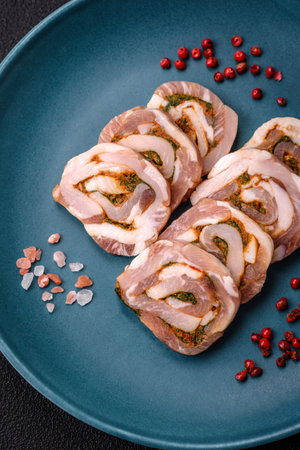 Delicious meatloaf with lard, salt, spices and herbs cut into slices on a dark concrete backgroundの写真素材