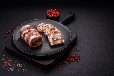 Delicious meatloaf with lard, salt, spices and herbs cut into slices on a dark concrete background