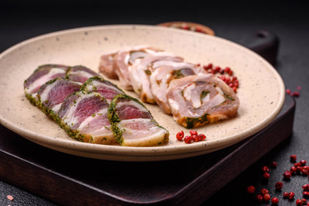 Delicious meatloaf with lard, salt, spices and herbs cut into slices on a dark concrete backgroundの写真素材