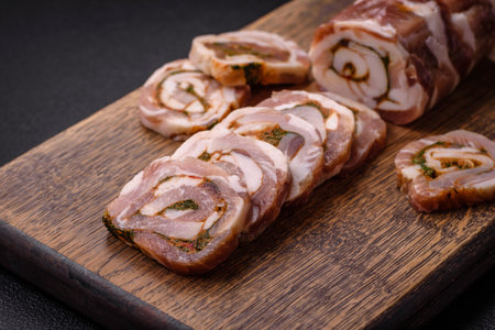 Delicious meatloaf with lard, salt, spices and herbs cut into slices on a dark concrete backgroundの写真素材