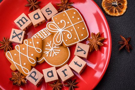 Christmas party inscription with wooden cubes on a dark concrete background. Postcard with copy space for your designの写真素材