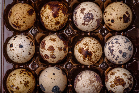 Raw quail eggs in a plastic box on a dark concrete background. Preparing a nutritious breakfastの写真素材