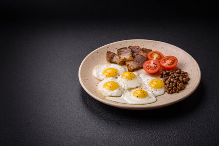 Delicious nutritious breakfast of fried quail eggs, bacon, legumes and cherry tomatoes with salt, spices and herbs on a dark concrete backgroundの写真素材
