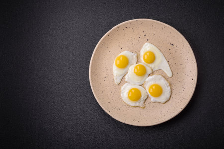 Delicious nutritious breakfast of fried quail eggs, bacon, legumes and cherry tomatoes with salt, spices and herbs on a dark concrete backgroundの写真素材