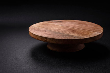 Beautiful round wooden cake stand on a textured concrete background. Kitchen utensil itemの写真素材