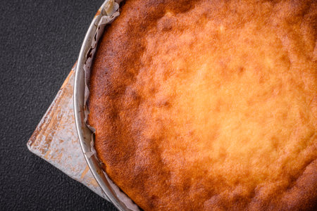 Delicious homemade round baked mince pie or tart on textured concrete background