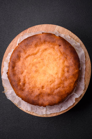 Delicious homemade round baked mince pie or tart on textured concrete backgroundの写真素材