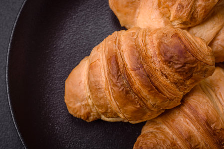 Delicious crispy baked sweet croissants with filling on a ceramic plate on a dark concrete backgroundの写真素材