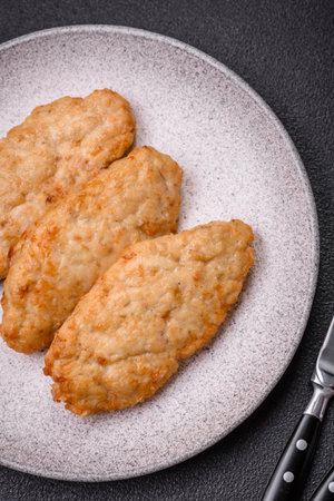 Delicious fresh fried minced fish or chicken cutlets with spices and herbs on a dark concrete...