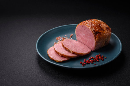 Delicious baked chicken or turkey meat roll with salt and spices on a textured concrete backgroundの写真素材