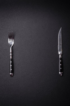 Kitchen knife and fork made of steel with copy space on a dark concrete backgroundの写真素材