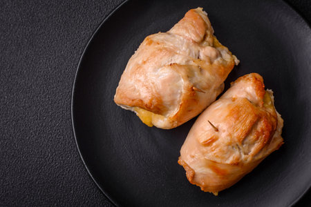 Delicious fresh meat roll made from chicken fillet, mushrooms, spices and herbs. Delicious healthy dish cooked at homeの写真素材