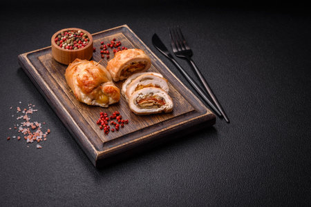 Delicious fresh meat roll made from chicken fillet, mushrooms, spices and herbs. Delicious healthy dish cooked at homeの写真素材