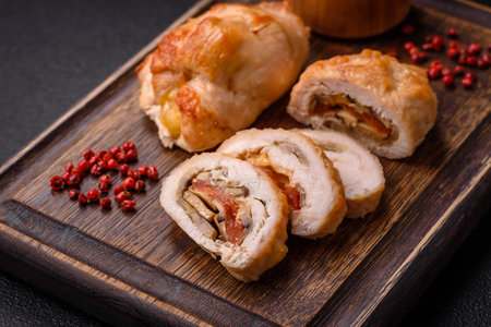 Delicious fresh meat roll made from chicken fillet, mushrooms, spices and herbs. Delicious healthy dish cooked at homeの写真素材
