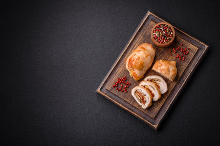 Delicious fresh meat roll made from chicken fillet, mushrooms, spices and herbs. Delicious healthy dish cooked at homeの写真素材