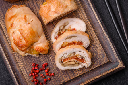 Delicious fresh meat roll made from chicken fillet, mushrooms, spices and herbs. Delicious healthy dish cooked at homeの写真素材