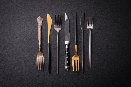Kitchen knife and fork made of steel with copy space on a dark concrete backgroundの写真素材
