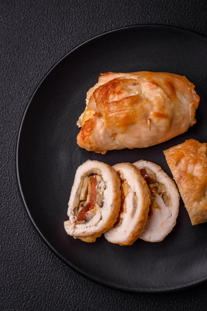 Delicious fresh meat roll made from chicken fillet, mushrooms, spices and herbs. Delicious healthy dish cooked at homeの写真素材