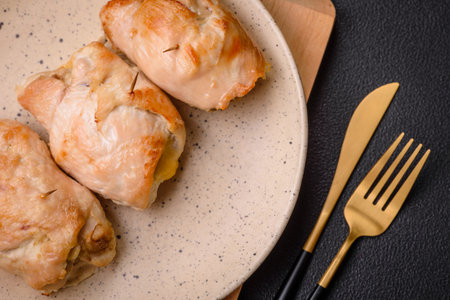 Delicious fresh meat roll made from chicken fillet, mushrooms, spices and herbs. Delicious healthy dish cooked at homeの写真素材