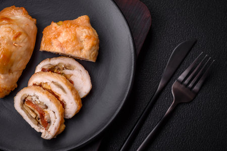 Delicious fresh meat roll made from chicken fillet, mushrooms, spices and herbs. Delicious healthy dish cooked at homeの写真素材