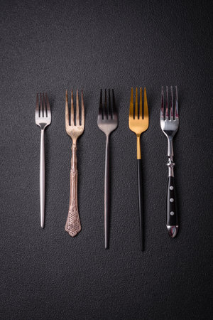 Kitchen fork made of steel on a dark textured background. Kitchen utensils on the tableの写真素材