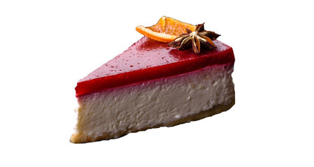 Delicious sweet cheesecake with raspberry jam on a black ceramic plate on a dark concrete background