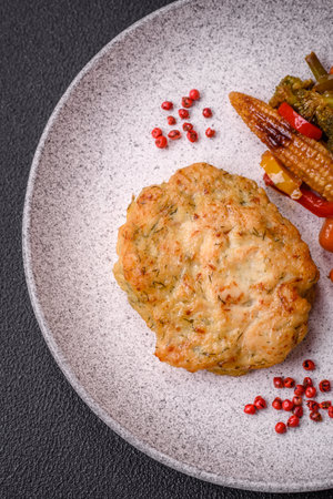 Delicious fresh fried minced fish cutlets with spices and herbs on a dark concrete backgroundの写真素材