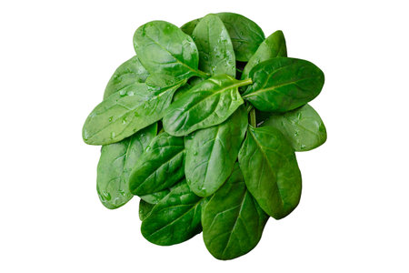 Fresh green spinach leaves on a black ceramic plate on a dark concrete background