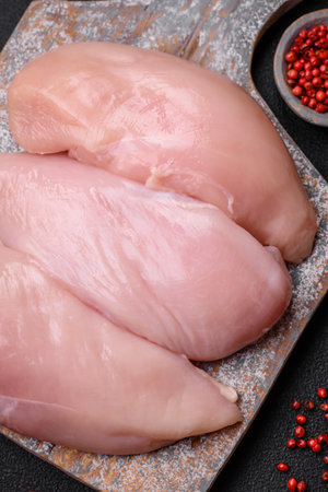 Fresh chicken fillet on a dark concrete table with spices and herbs. Preparation for cooking meat dishesの写真素材