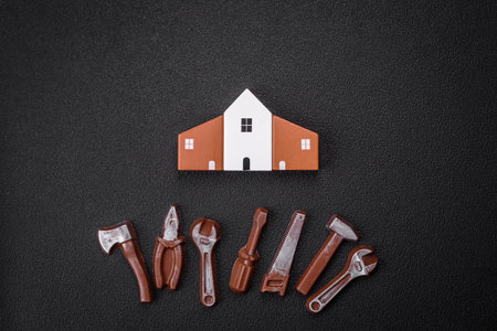 Repair or home improvement tools and a house model on a plain background. Background for your designの写真素材